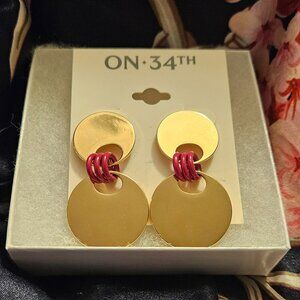On 34th Gold Tone & Pink Disc Ring Drop Earrings- NWT